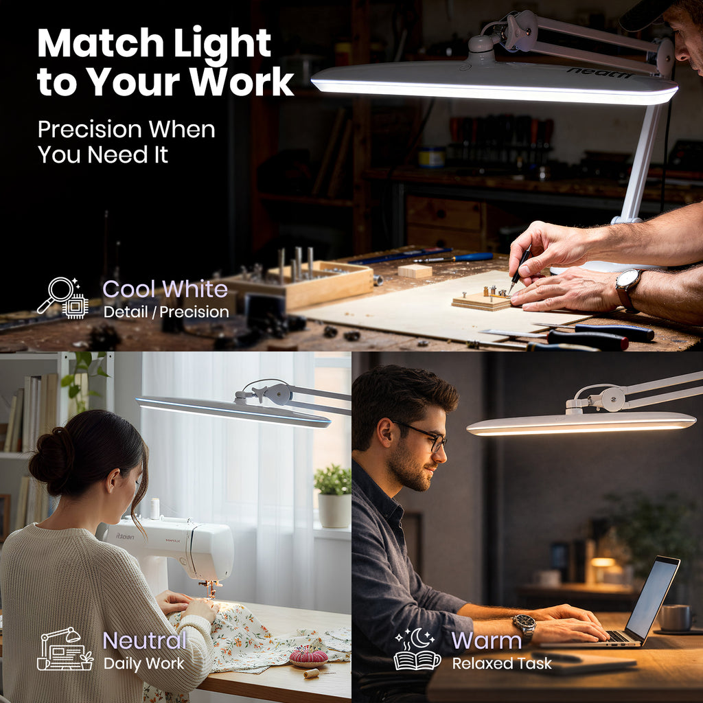 2200 Lumens LED Desk Lamp with Clamp – 23" Wide, 3 Light Modes for Workbench & Home Office, White