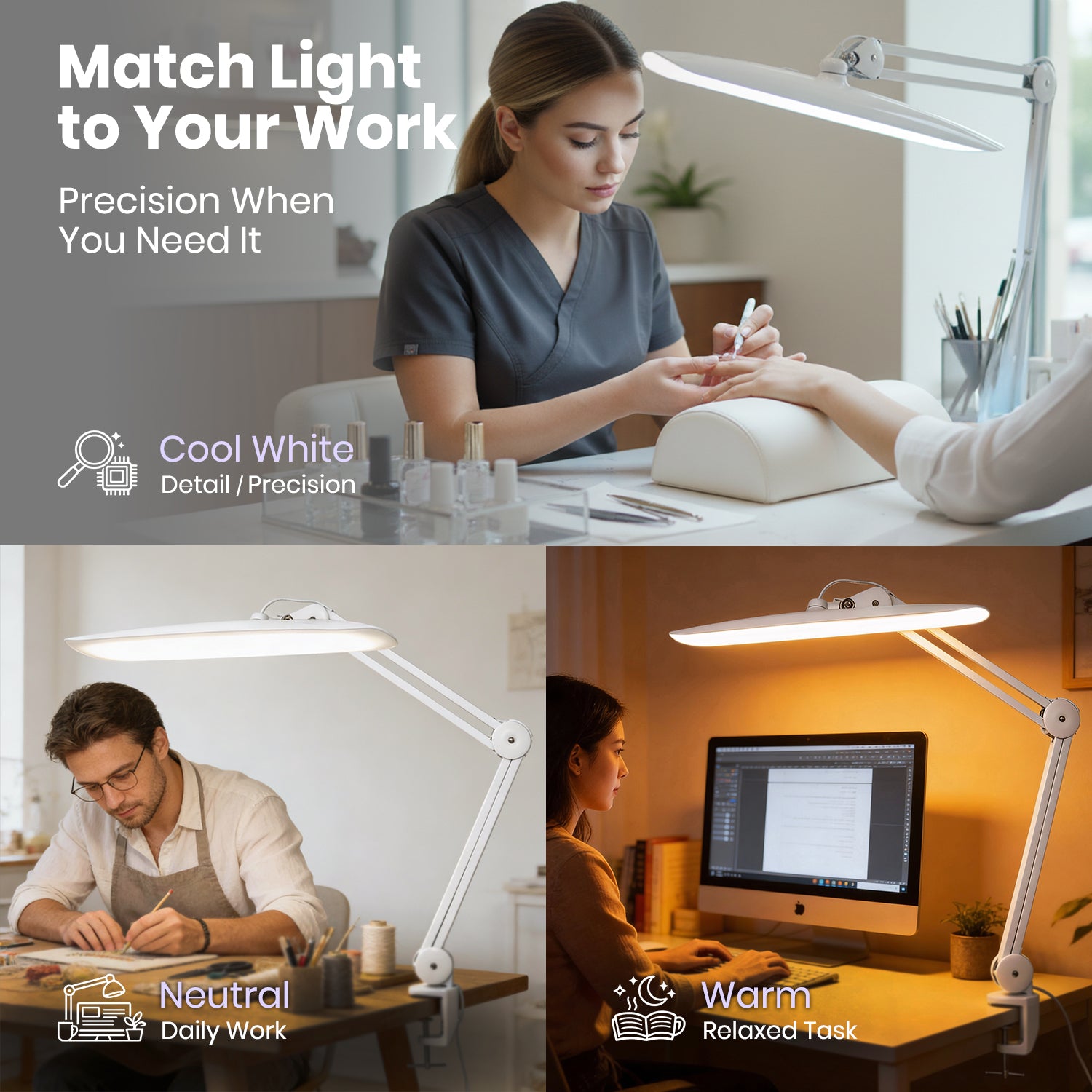 Lámpara de escritorio LED de 2200 lúmenes con abrazadera – Pantalla ancha de 20”, 3 modos de luz, luz de trabajo regulable, blanca