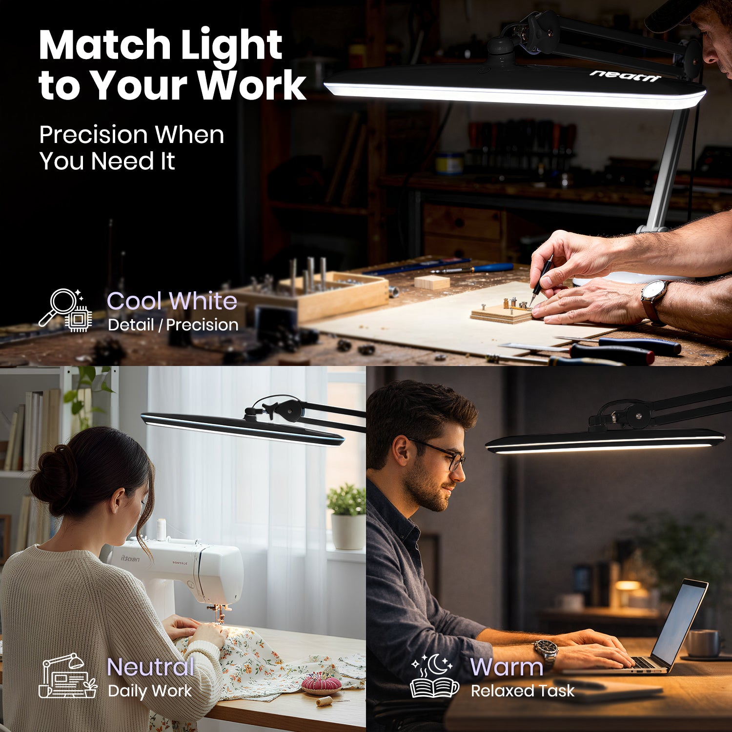 2200 Lumens LED Desk Lamp with Clamp – 23" Wide, 3 Light Modes for Workbench & Home Office, Silver
