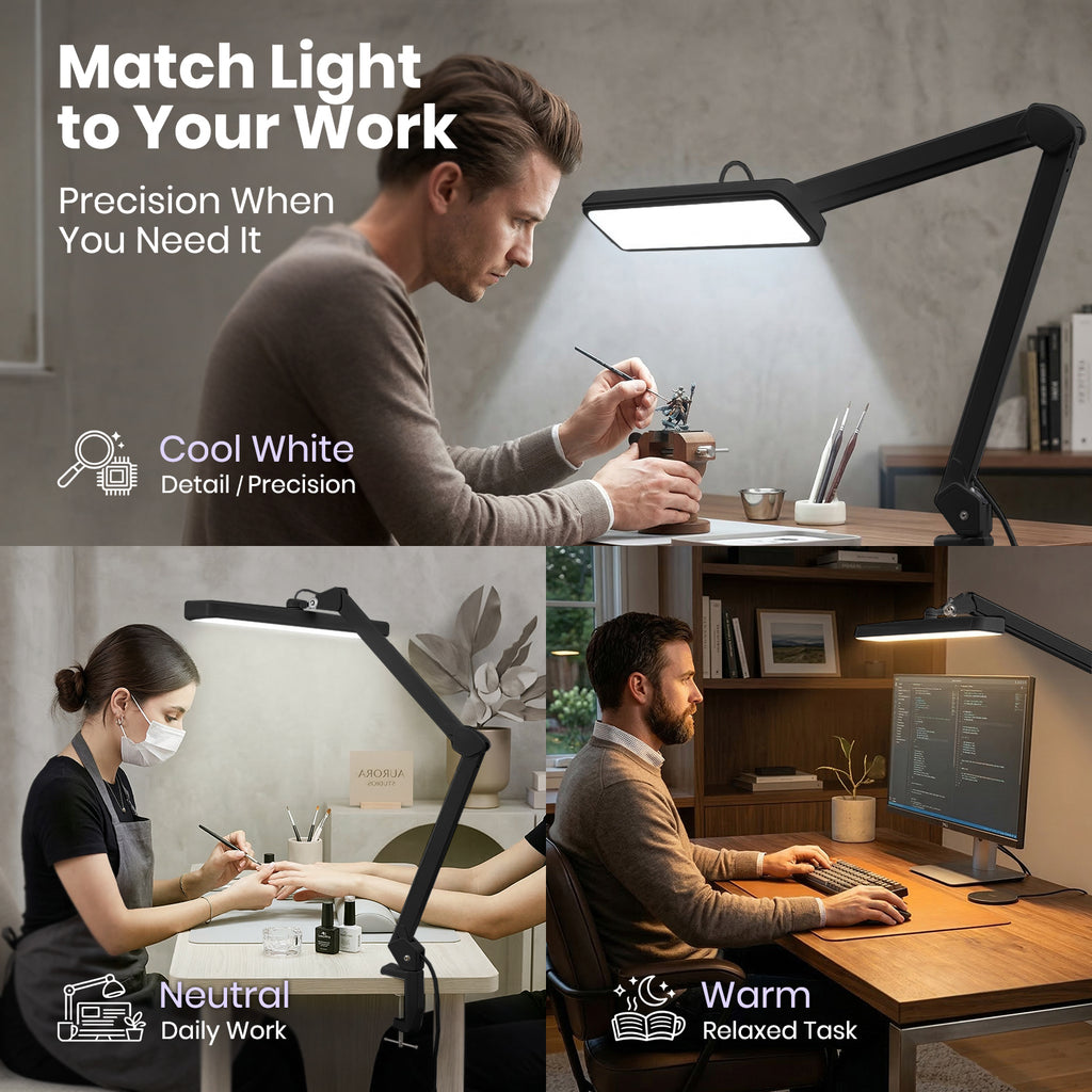 Lámpara LED de escritorio de 2500 lúmenes con abrazadera – Pantalla ancha de 55 cm, 5 modos de color para uñas y manualidades, negro