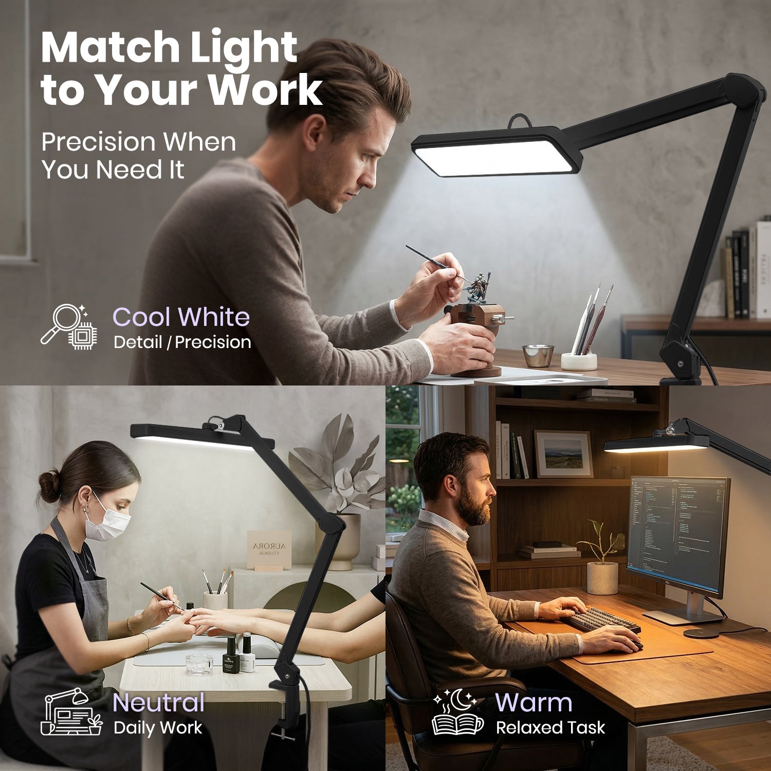 Lámpara LED de escritorio de 2500 lúmenes con abrazadera – Pantalla ancha de 55 cm, 5 modos de color para uñas y manualidades, negro