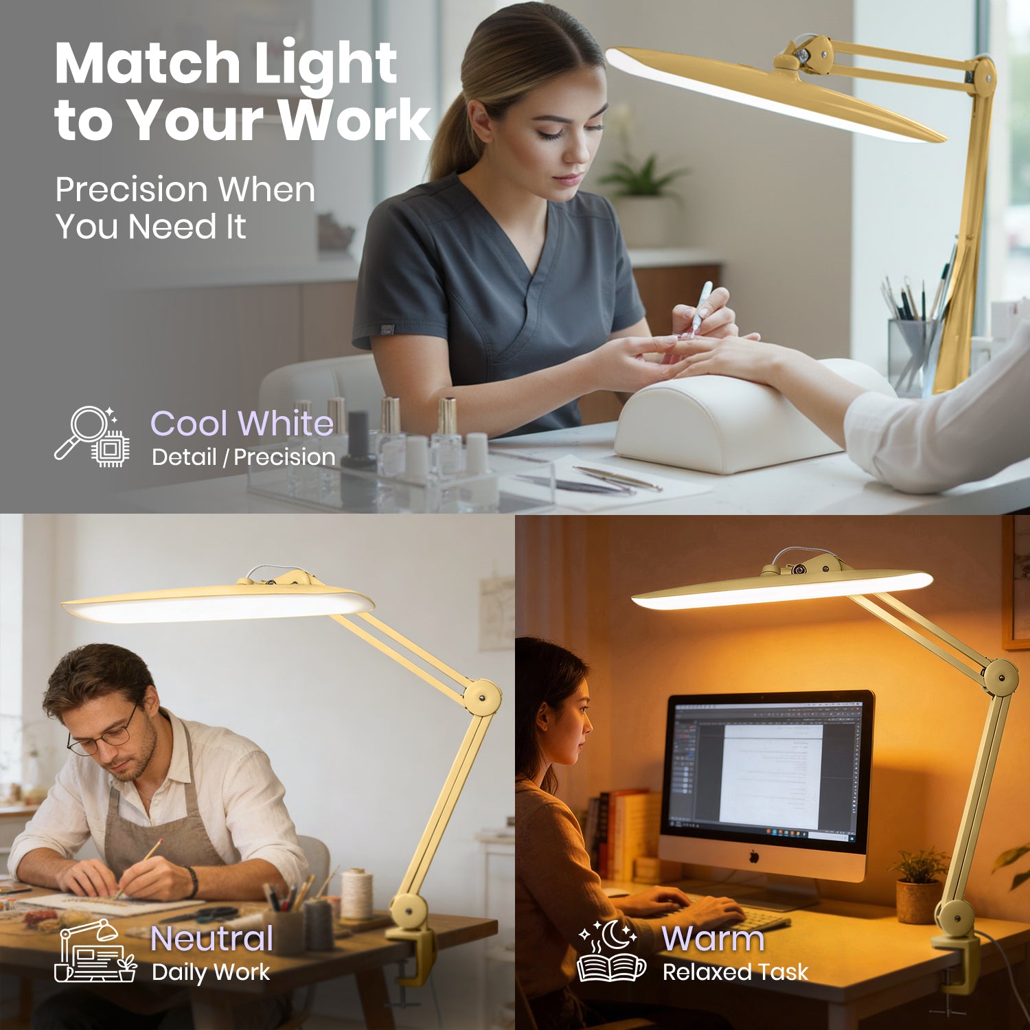 2200 Lumens LED Desk Lamp with Clamp – 20” Wide Shade, 3 Light Modes, Dimmable Task Light, Gold