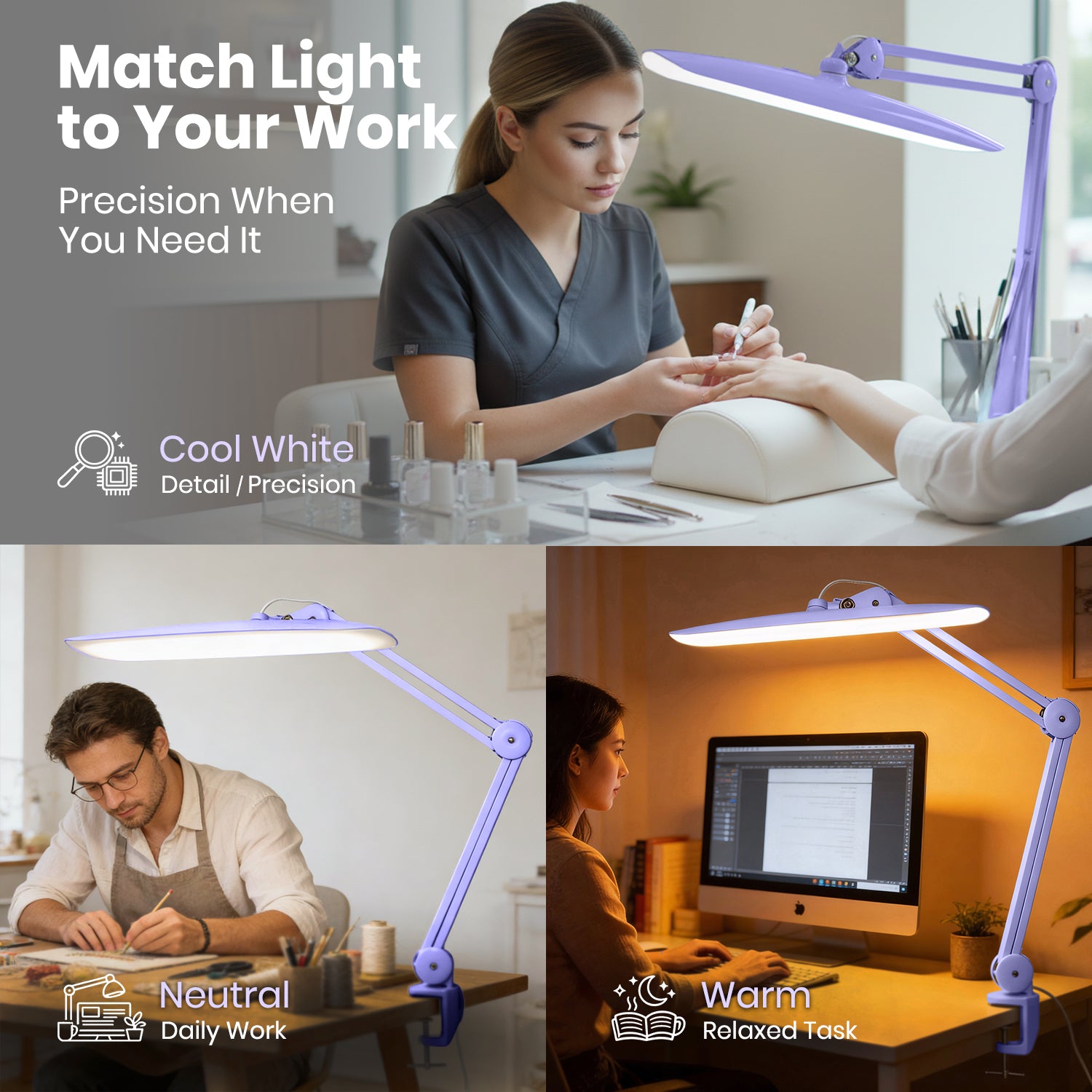 2200 Lumens LED Desk Lamp with Clamp – 20” Wide Shade, 3 Light Modes, Dimmable Task Light, Lavender