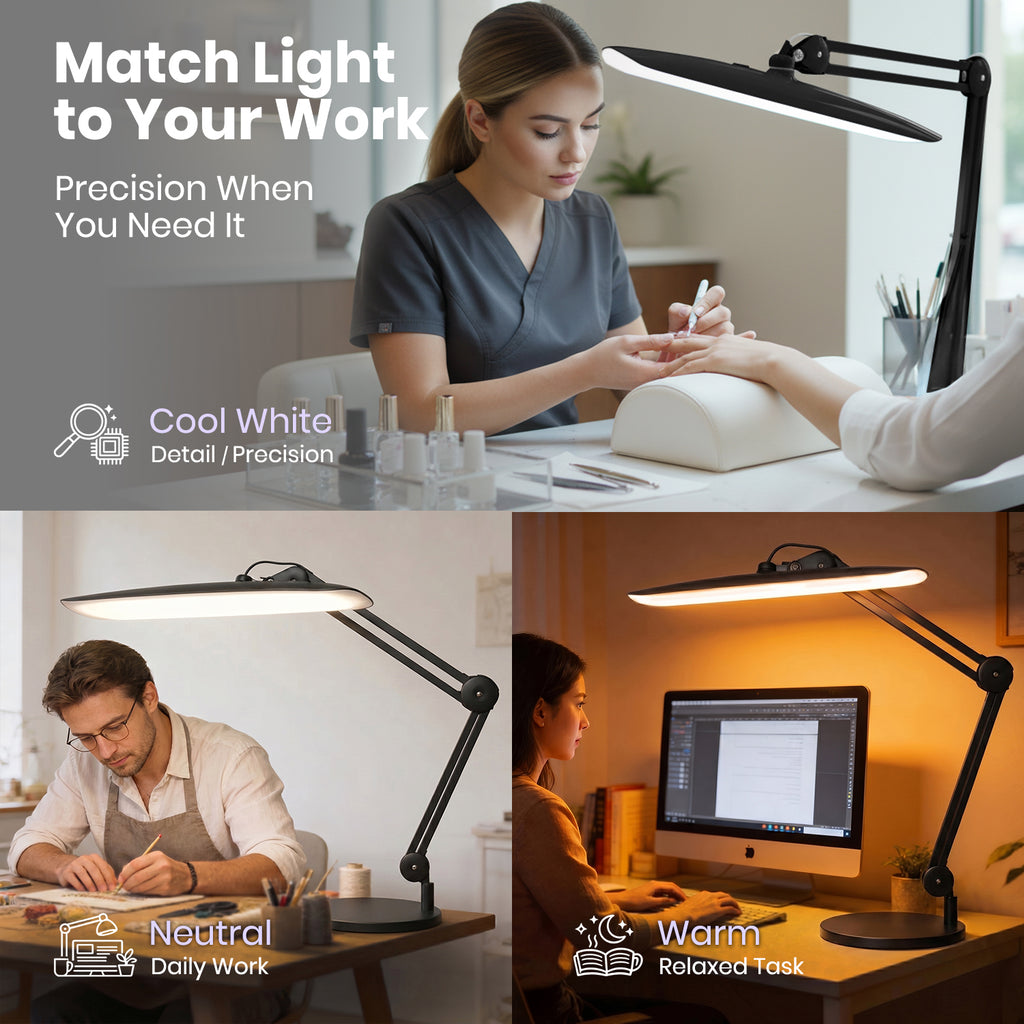 Lámpara de escritorio LED de 20” de ancho con base – Luz de trabajo de 2200 lúmenes para oficina en casa y manualidades, negra
