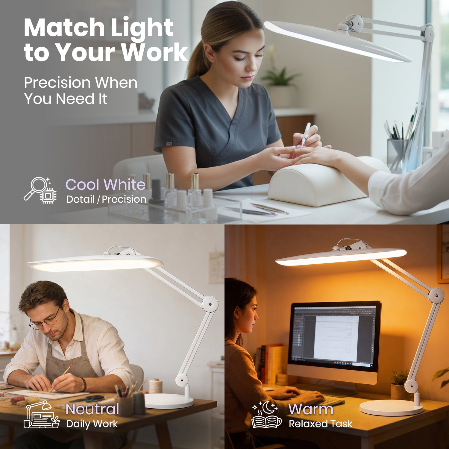 Lámpara de escritorio LED de 20” de ancho con base – Luz de trabajo de 2200 lúmenes para oficina en casa y manualidades, negra