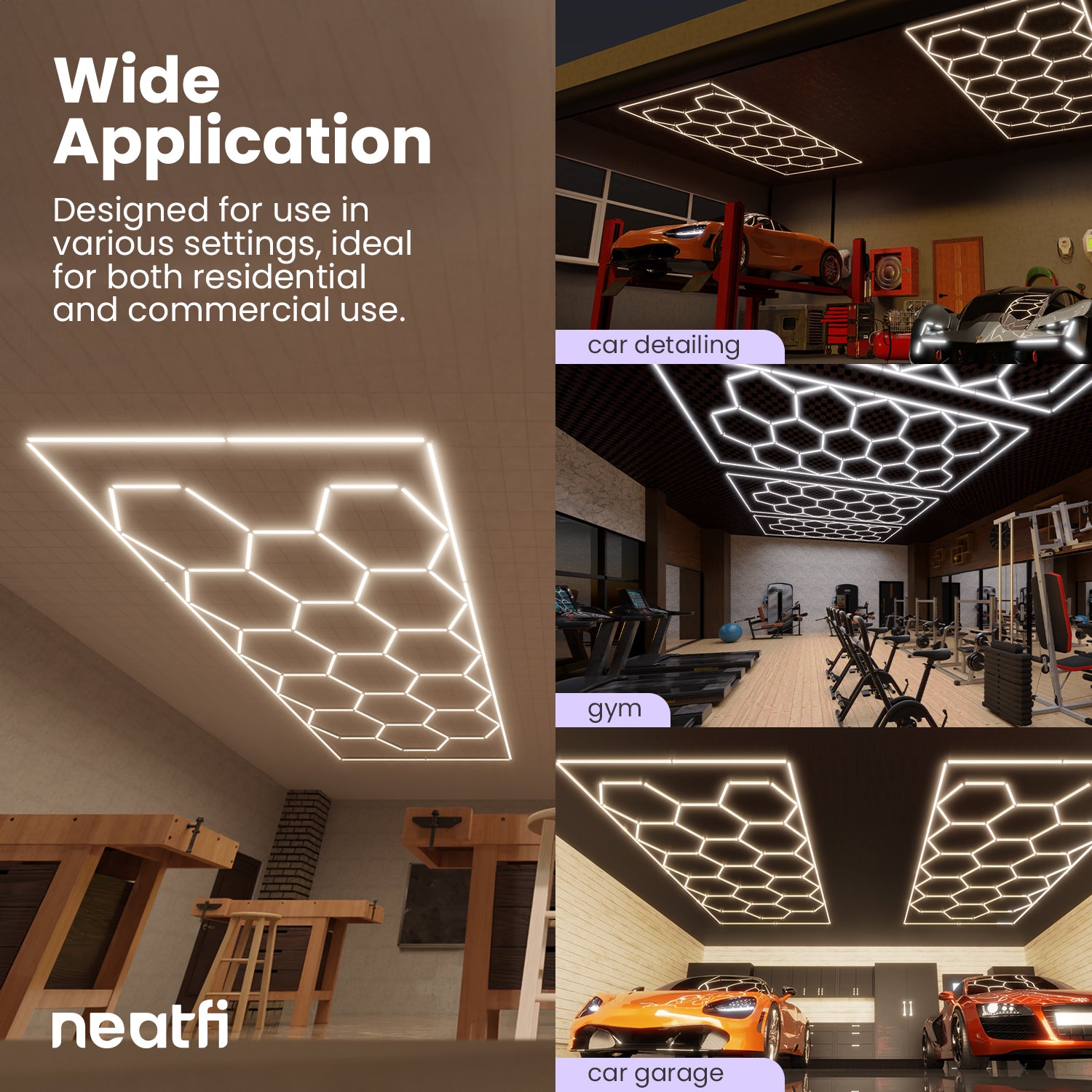 15 Hex Grid LED Car Garage Light – 60,720 Lumens, Adjustable Color Modes, Auto Shops & Gyms