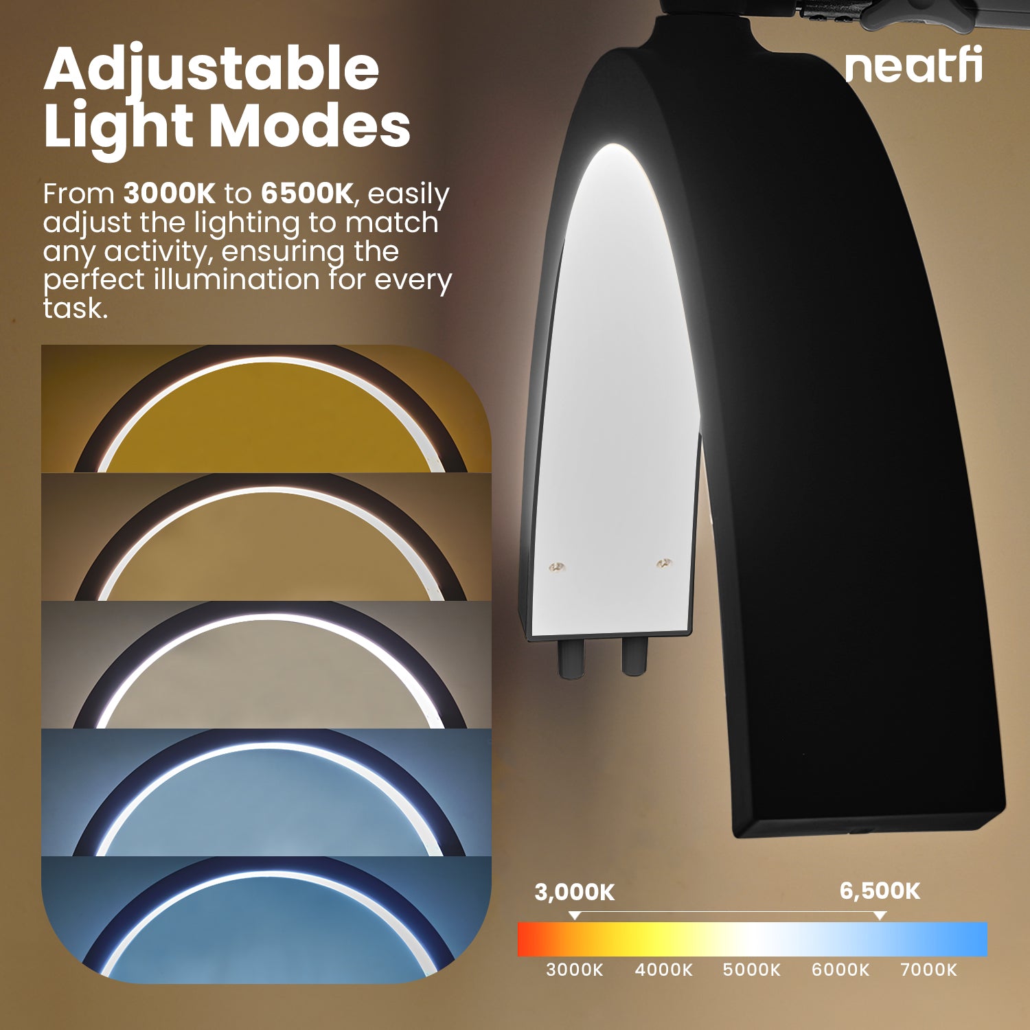 Half Moon LED Table Lamp with Base & Clamp – 2500 Lumens, 5 Light Modes for Nail Arts, Black