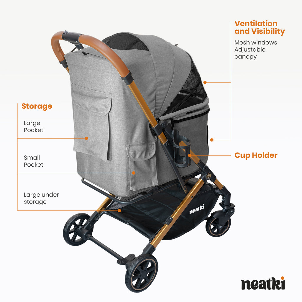 Cochecito plegable para mascotas (perros y gatos), capacidad de 15 kg, ruedas delanteras giratorias 360°, plegado con un solo clic, sistema de freno, correas y ganchos de seguridad, acolchado extraíble y lavable, y portavasos (gris)