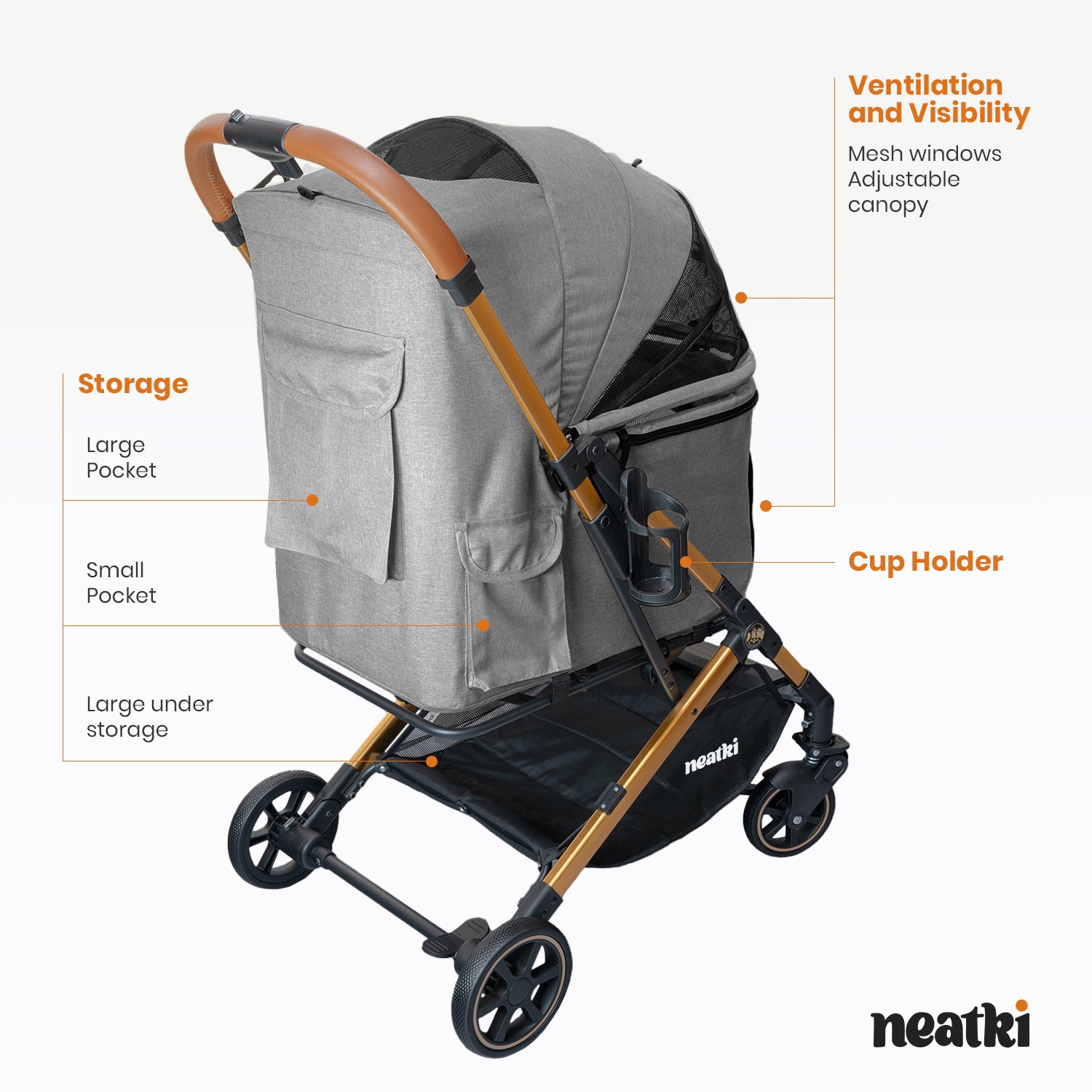 Cochecito plegable para mascotas (perros y gatos), capacidad de 15 kg, ruedas delanteras giratorias 360°, plegado con un solo clic, sistema de freno, correas y ganchos de seguridad, acolchado extraíble y lavable, y portavasos (gris)