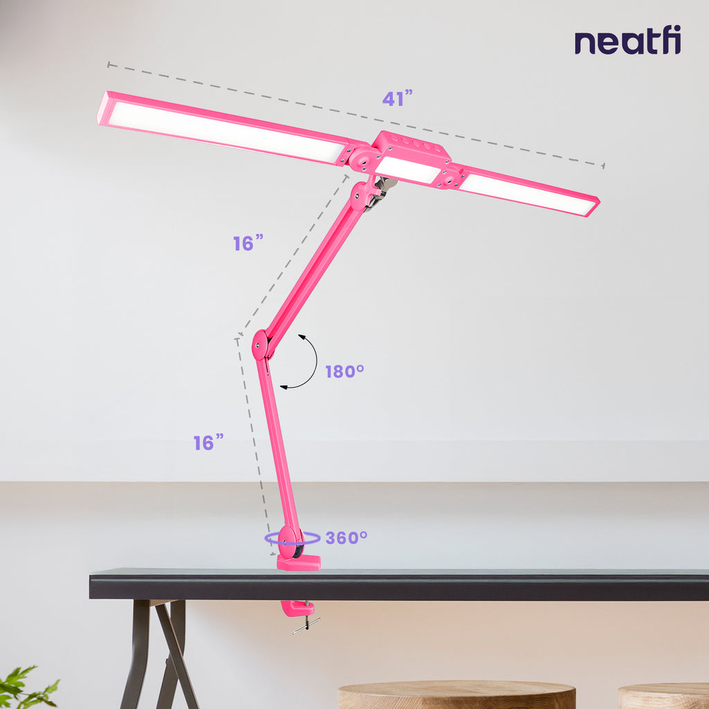 41” Wide Shade, 3000 Lumens LED Desk Lamp with Clamp – CRI 95, 3 Color Modes, Dimmable Task Light, Pink