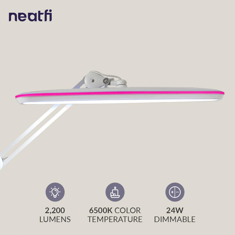 23” Wide Shade, 2200 Lumens LED Desk Lamp with Clamp – Dimmable, Eye-Caring Task Light, Pink Ring