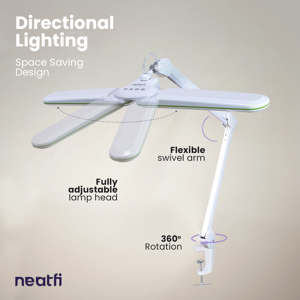 17” Wide Shade Elite LED Desk Lamp with Clamp – 3 Light Modes, Non-polar Dimming, Green Ring