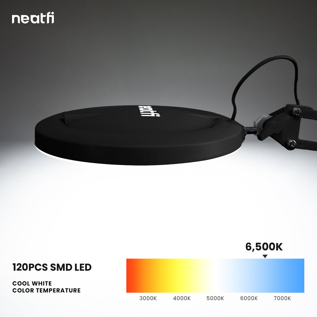Lámpara de aumento de 5" con pinza – 5 dioptrías, modos de luz ajustables para trabajos de detalle, negra