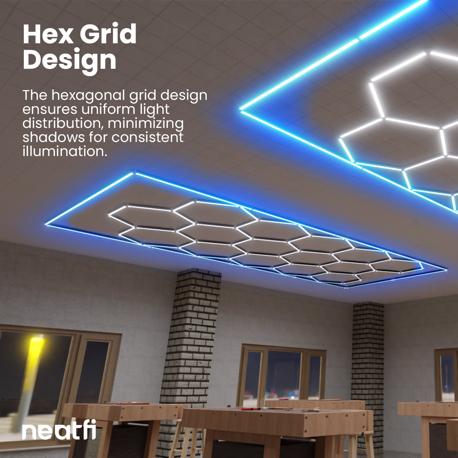 69,600 Lumens Ultra-Bright 15 Hex Grids LED Ceiling Light for Auto Shops, Salons & Gyms, Blue