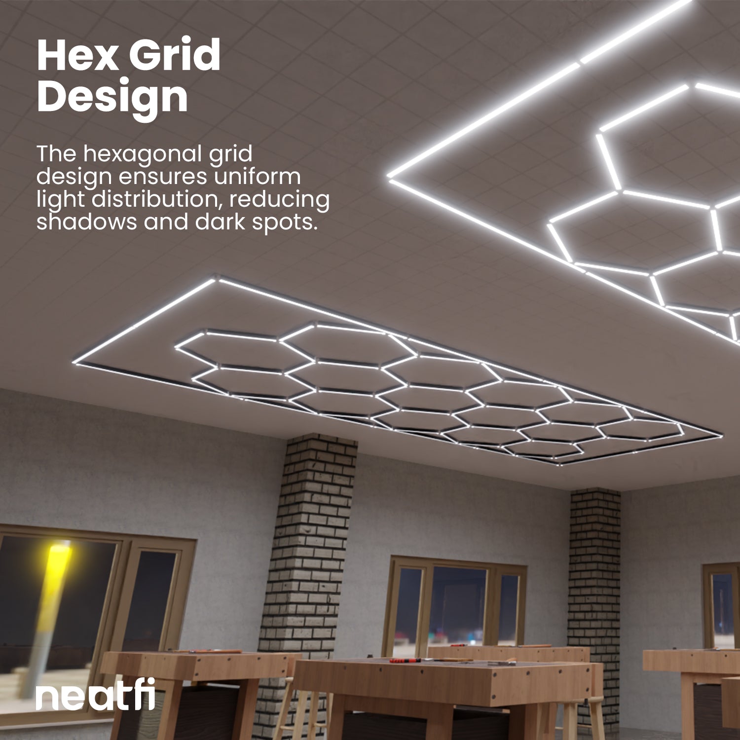 15 Hex Grid LED Car Garage Light – 60,720 Lumens, Adjustable Color Modes, Auto Shops & Gyms