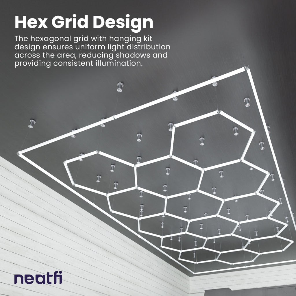 15 Hex Grids LED Ceiling Light with Hanging Kit – 69,600 Lumens for Auto Shops, Salons & Gyms, Cool White