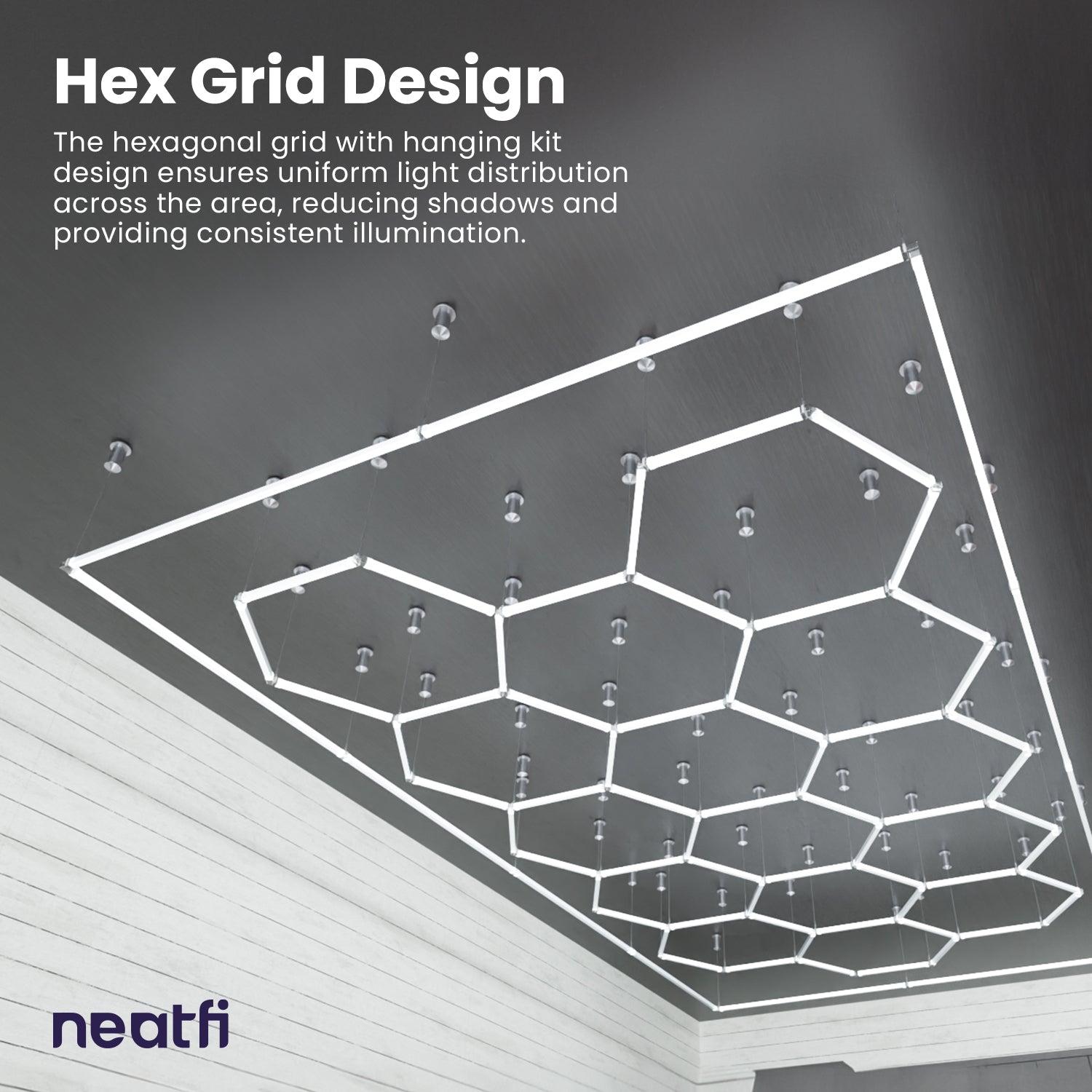 15 Hex Grids LED Ceiling Light with Hanging Kit – 69,600 Lumens for Auto Shops, Salons & Gyms, Cool White