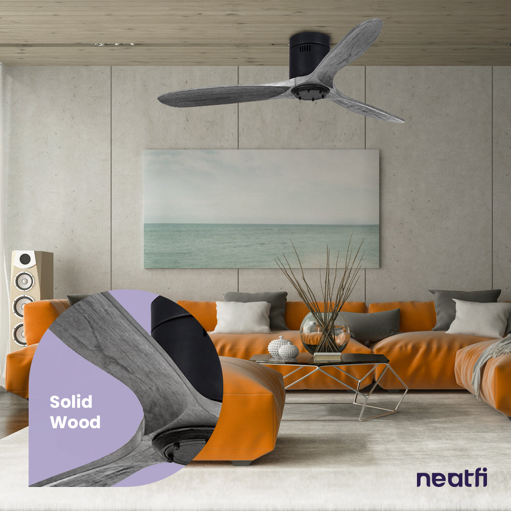 52-inch Solid Ceiling Fan with Remote Control, 3 Solid Wood Blades, Flush Mount - Dark Gray
