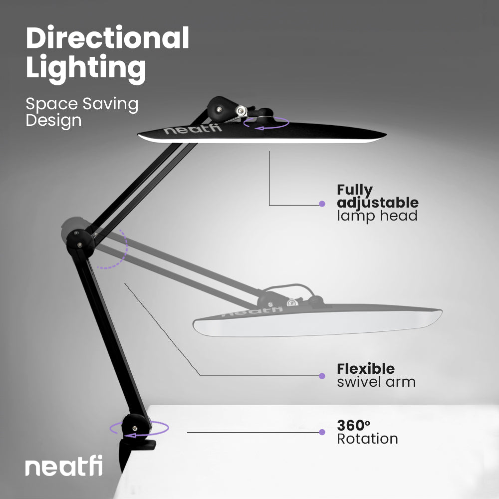 20” Wide Head LED Desk Lamp with Clamp – 2200 Lumens Task Light for Home Office & Crafts, Black