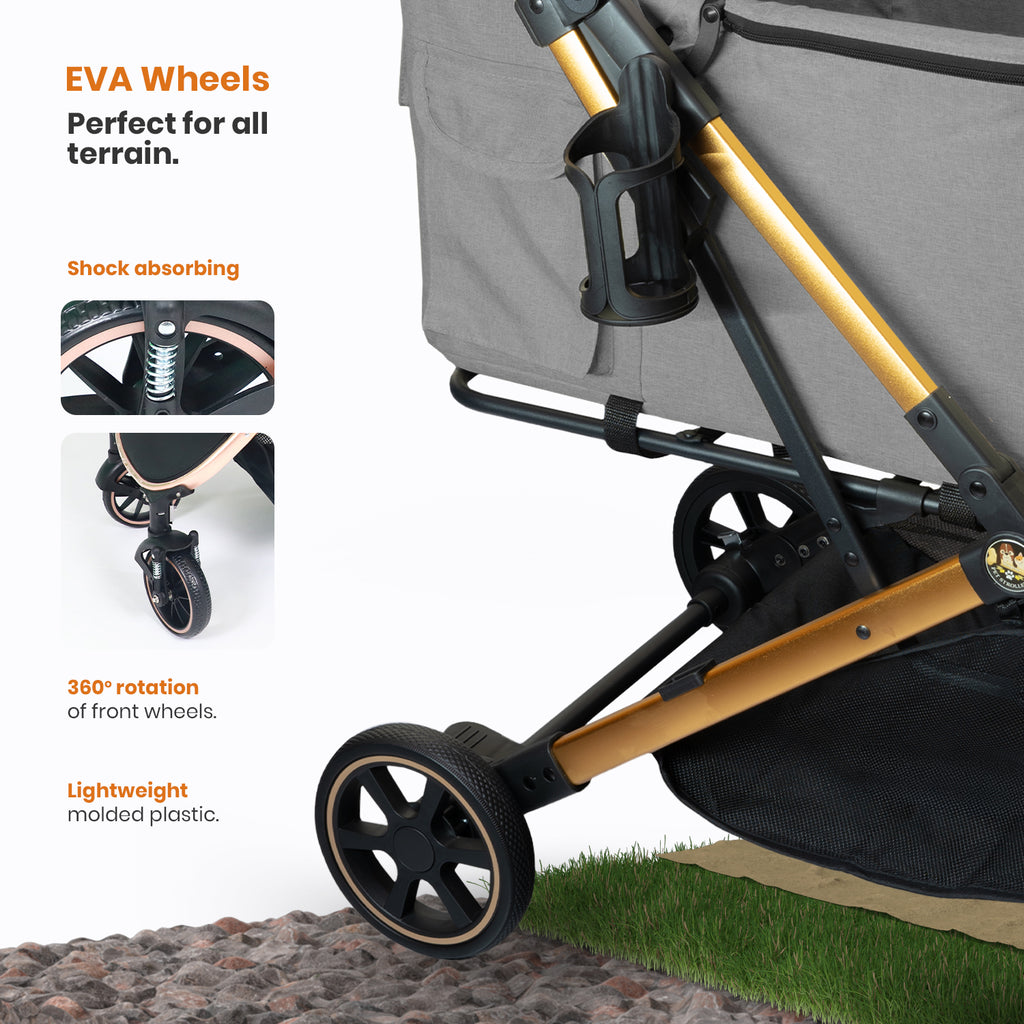 Cochecito plegable para mascotas (perros y gatos), capacidad de 15 kg, ruedas delanteras giratorias 360°, plegado con un solo clic, sistema de freno, correas y ganchos de seguridad, acolchado extraíble y lavable, y portavasos (gris)