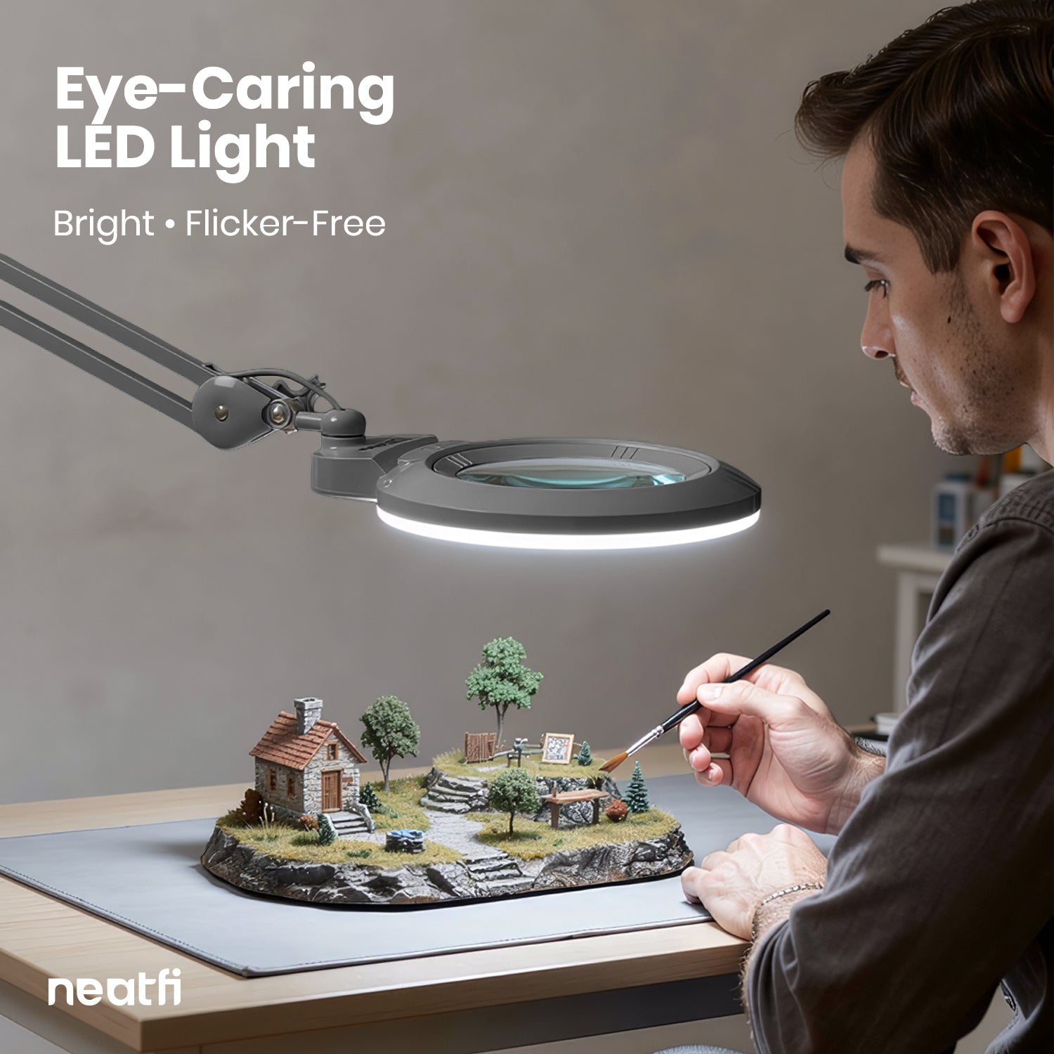 Lampe loupe LED acrylique de 7" de large avec pince – 1600 lumens, à intensité variable pour travaux de précision, argent