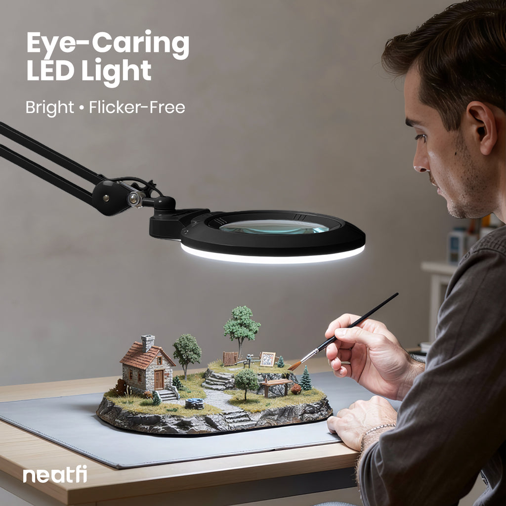 Lampe loupe LED acrylique de 7" de large avec pince – 1600 lumens, à intensité variable pour travaux de précision, noire
