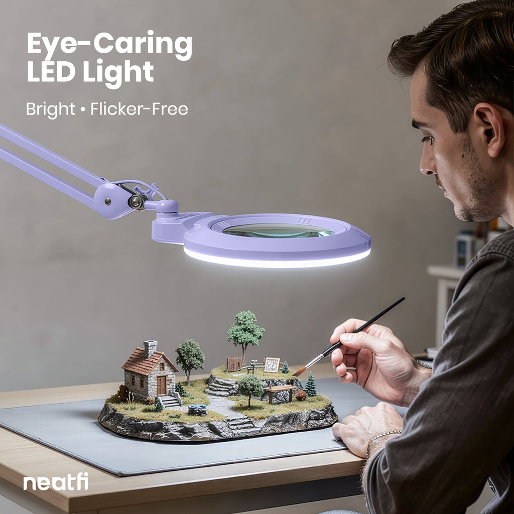 Lámpara de aumento LED con lente acrílica de 7" de ancho y abrazadera – 1600 lúmenes, regulable para trabajos de precisión, lavanda