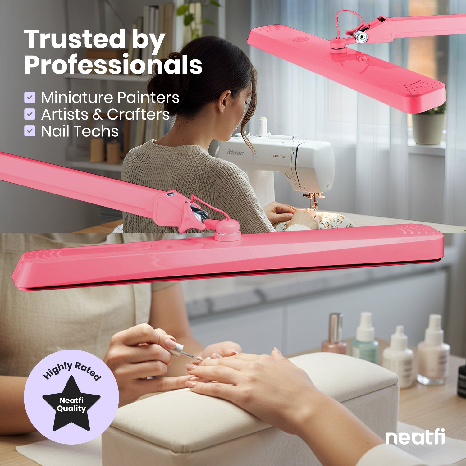 Lampe de bureau LED à pince de 56 cm de large – Lampe de travail de 2500 lumens pour établi et travaux manuels, rose