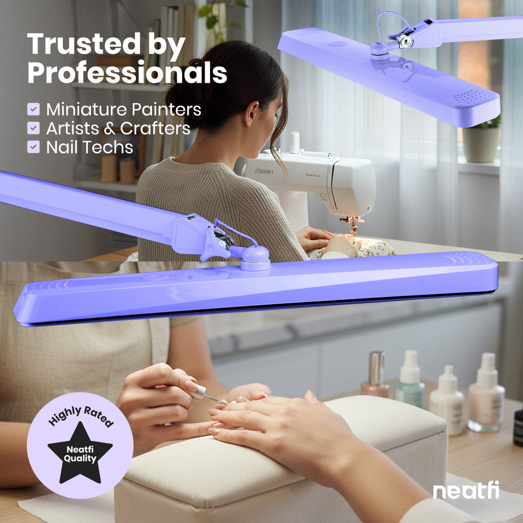 22” Wide Shade LED Desk Lamp with Clamp – 2500 Lumens Task Light for Workbench & Crafts, Lavender