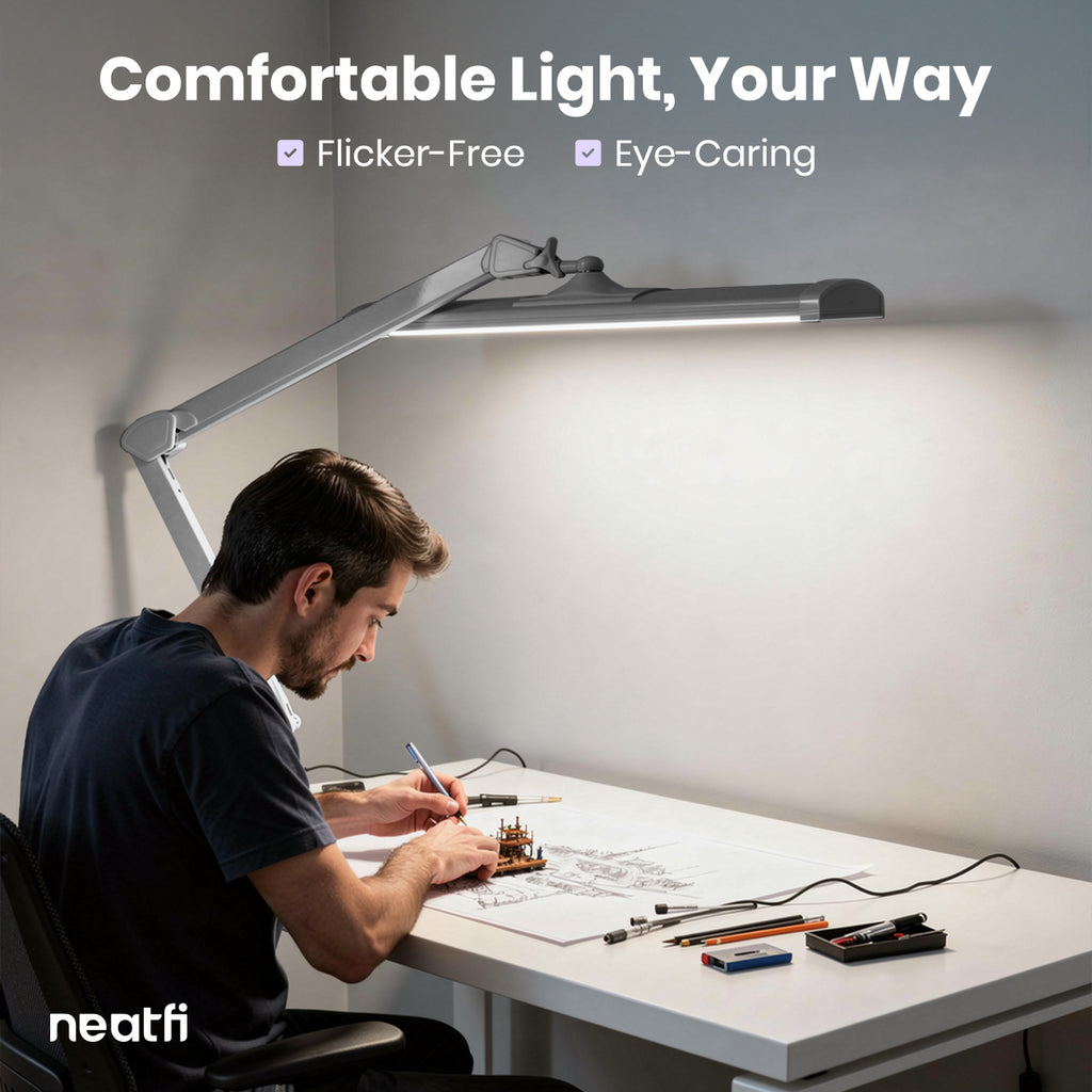3500 Lumens LED Desk Lamp – 26” Ultra-Wide Shade, Non-Flickering Task Light with Clamp, Silver