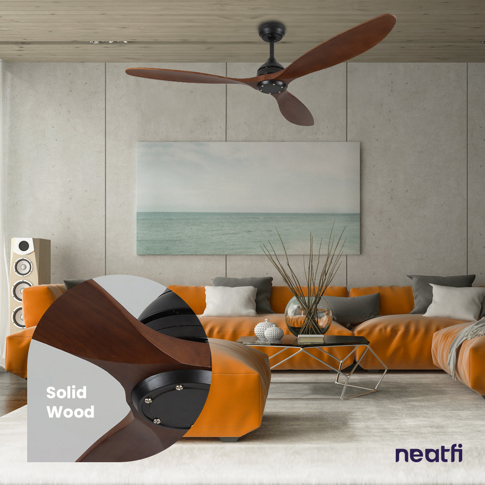 52" Ceiling Fan No Light – 3 Solid Wood Blades, Downrod, Bedroom & Living Room, Dark Wood