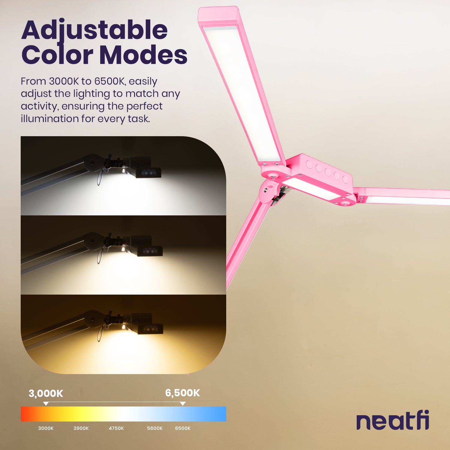 41” Wide Shade, 3000 Lumens LED Desk Lamp with Clamp – CRI 95, 3 Color Modes, Dimmable Task Light, Pink