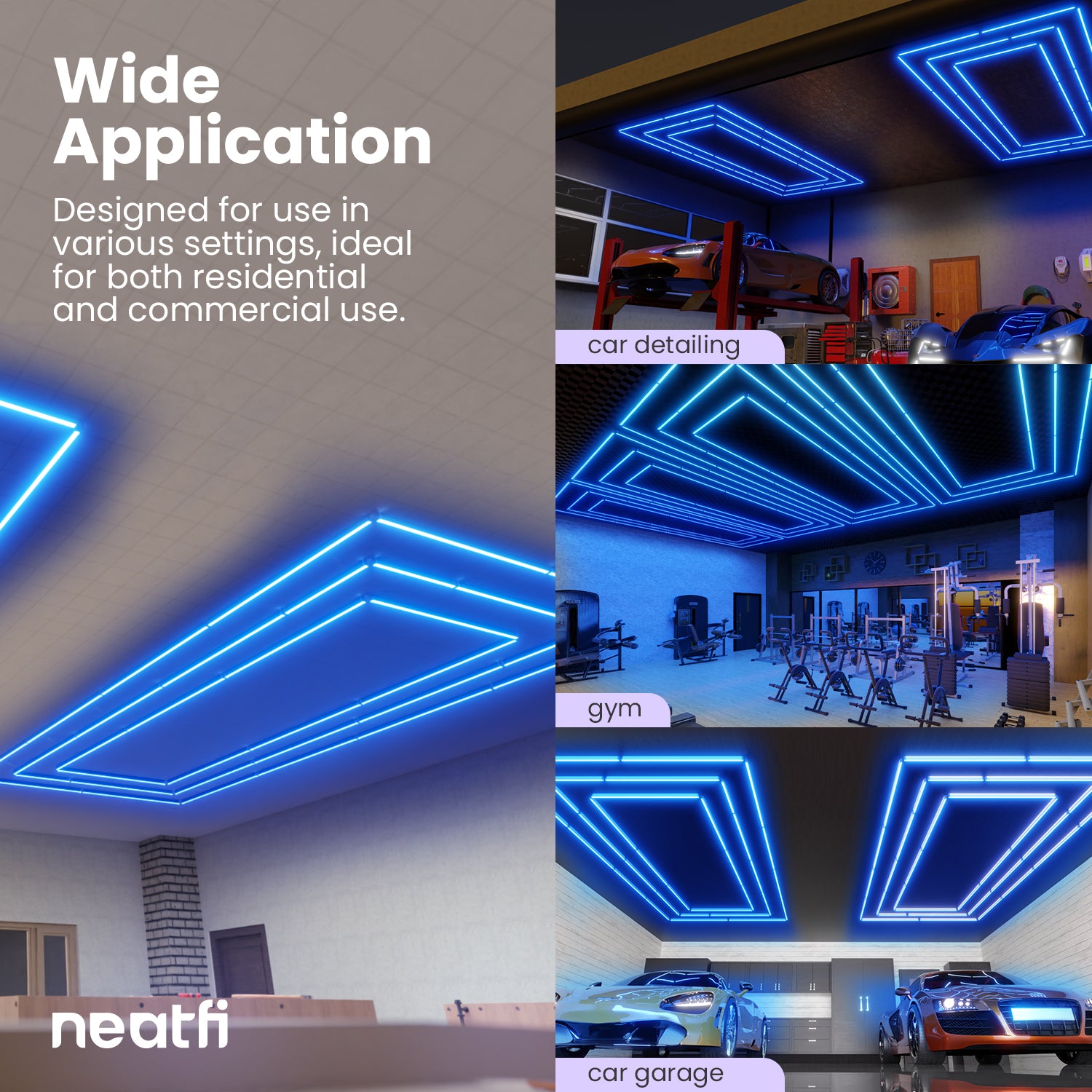 3 Rectangles LED Ceiling Light – 52,800 Lumens, Easy Installation for Shops & Salons, Blue