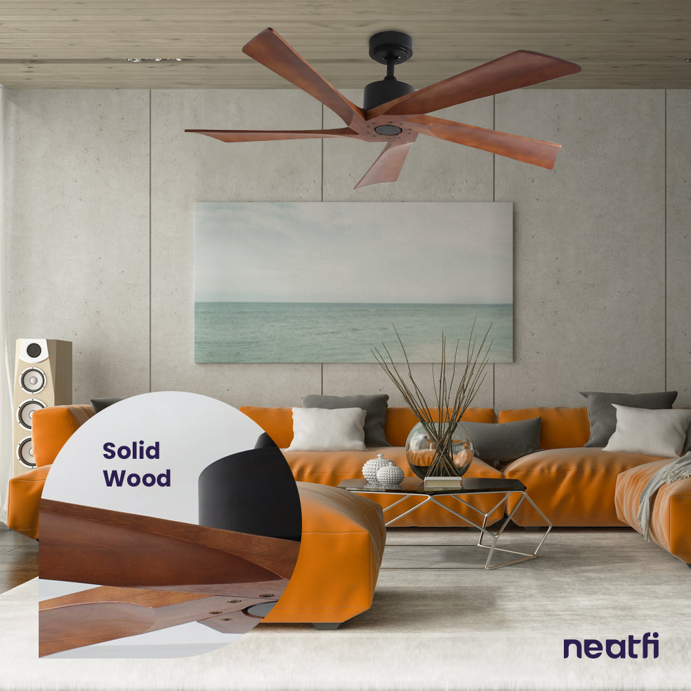 54-inch Industrial Downrod Ceiling Fan, 5 Solid Wood Blades - Dark Wood