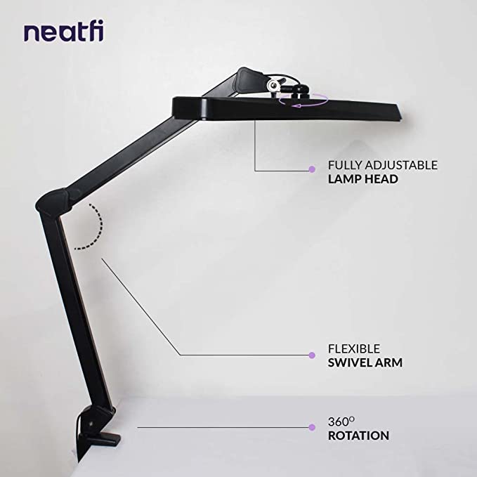 2500 Lumens LED Desk Lamp with Clamp – 22" Wide Shade, 5 Color Modes for Nails & Crafts, Black