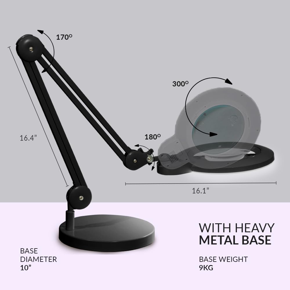 7” Wide Acrylic Lens LED Magnifying Lamp with Base – 1600 Lumens, Dimmable for Close Works, Black