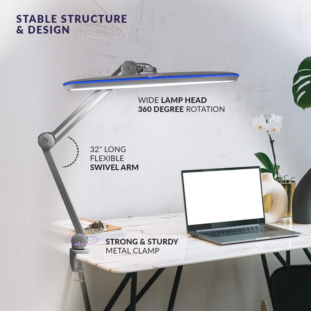 2200 Lumens LED Desk Lamp with Clamp – 23" Wide, 3 Light Modes for Workbench & Home Office, Silver