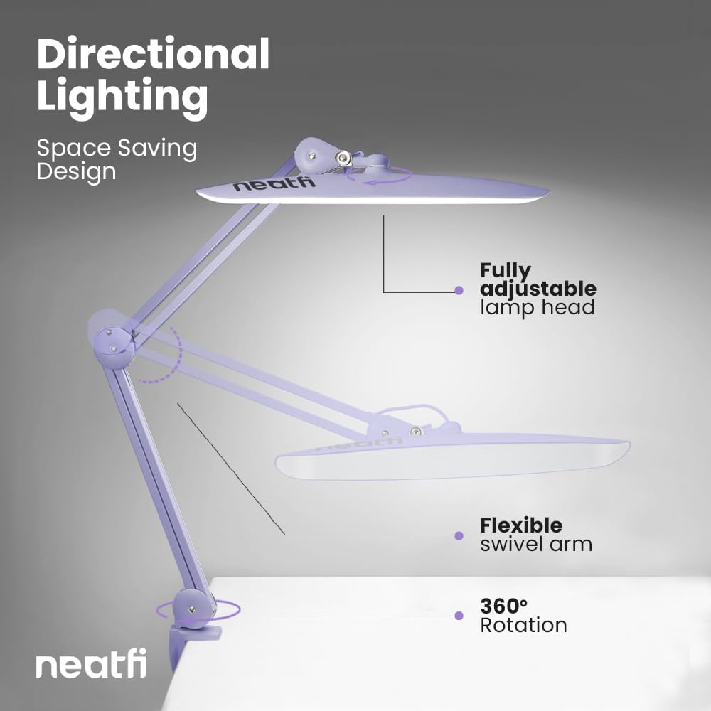 20" Wide Lamp XL 2,200 Lumens LED Task Lamp with Clamp, 3 Light Modes - Lavender