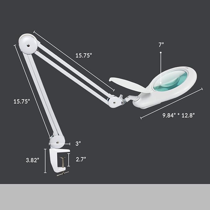 7-Inch Glass Lens Magnifying Lamp with Clamp, 5 Diopter, Magnifying with Light for Sewing, Painting, Jewelry Making, and Reading - White