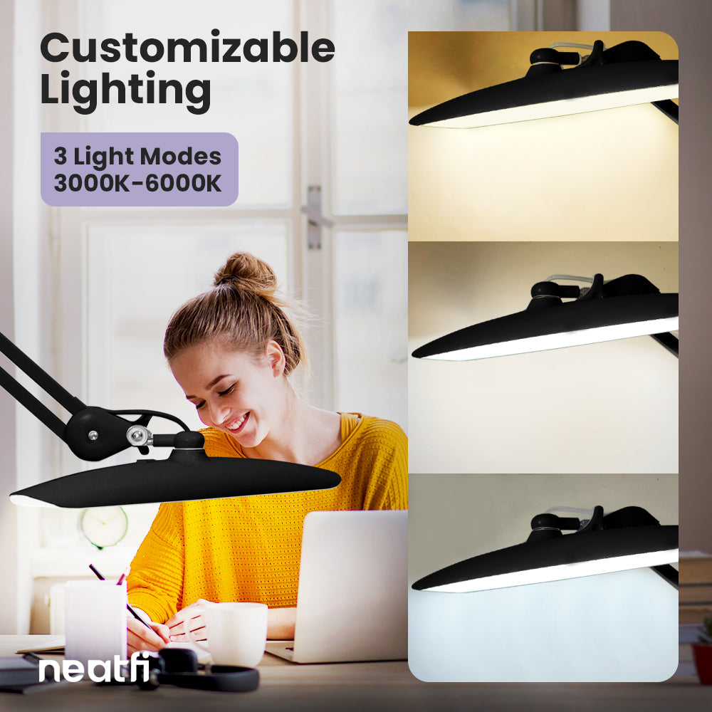 2200 Lumens LED Desk Lamp with Clamp – 20” Wide Shade, 3 Light Modes, Dimmable Task Light, Black
