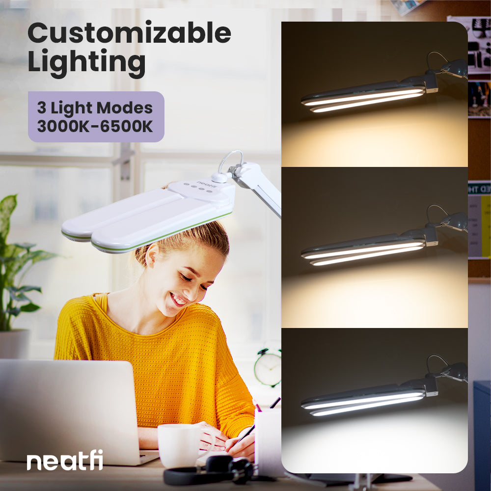 17” Wide Shade Elite LED Desk Lamp with Clamp – 3 Light Modes, Non-polar Dimming, Green Ring