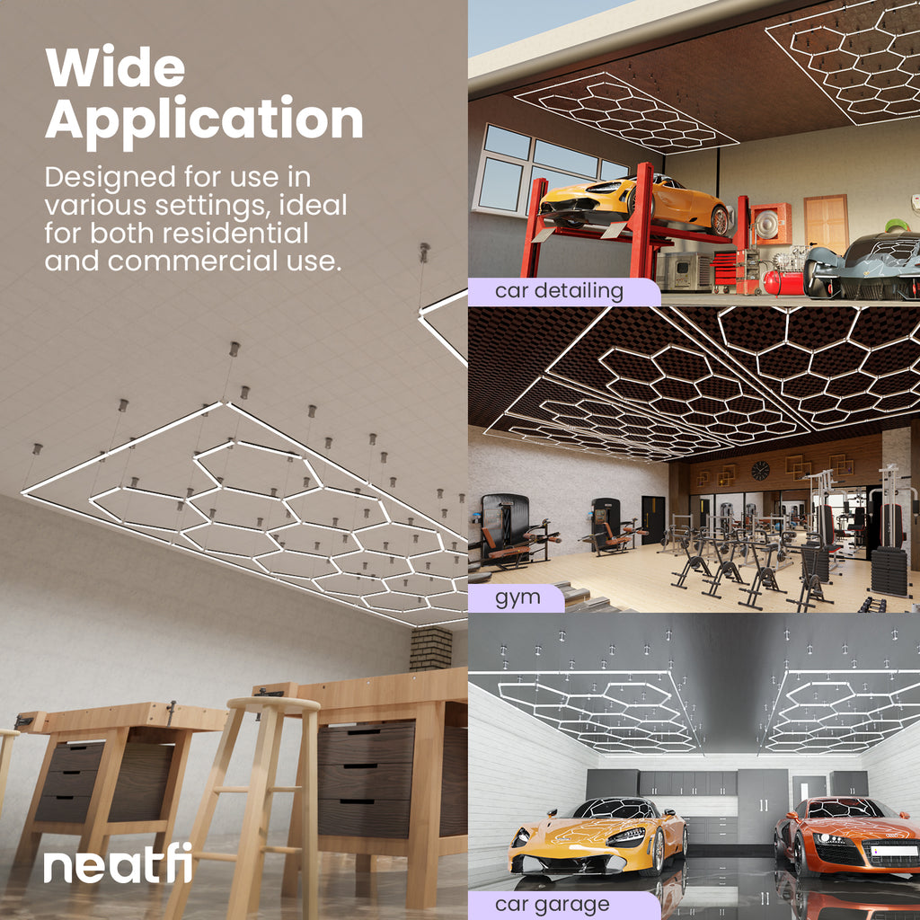 15 Hex Grids LED Ceiling Light with Hanging Kit – 69,600 Lumens for Auto Shops, Salons & Gyms, Cool White