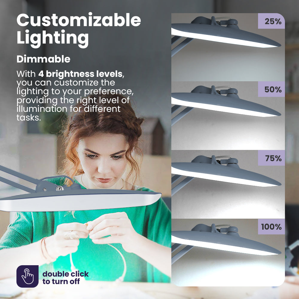 20” Wide Head LED Desk Lamp with Clamp – 2200 Lumens Task Light for Home Office & Crafts, Gray