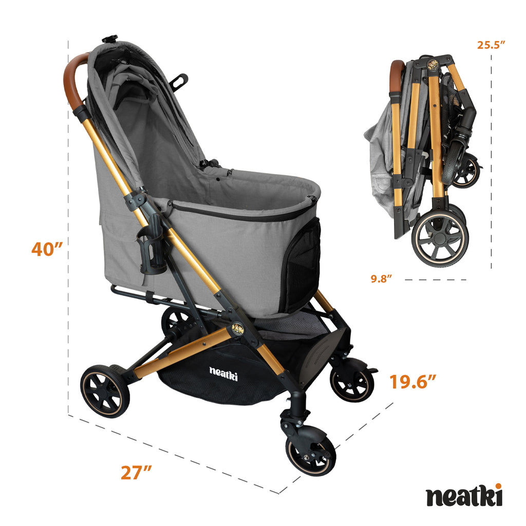 Foldable Pet Stroller for Dogs and Cats, 33 lbs Capacity, 360° Swivel Front Wheels, One-Click Fold, Brake System, Leash &amp; Lock Clips, Removable Washable Padding, and Cup Holder (Gray)