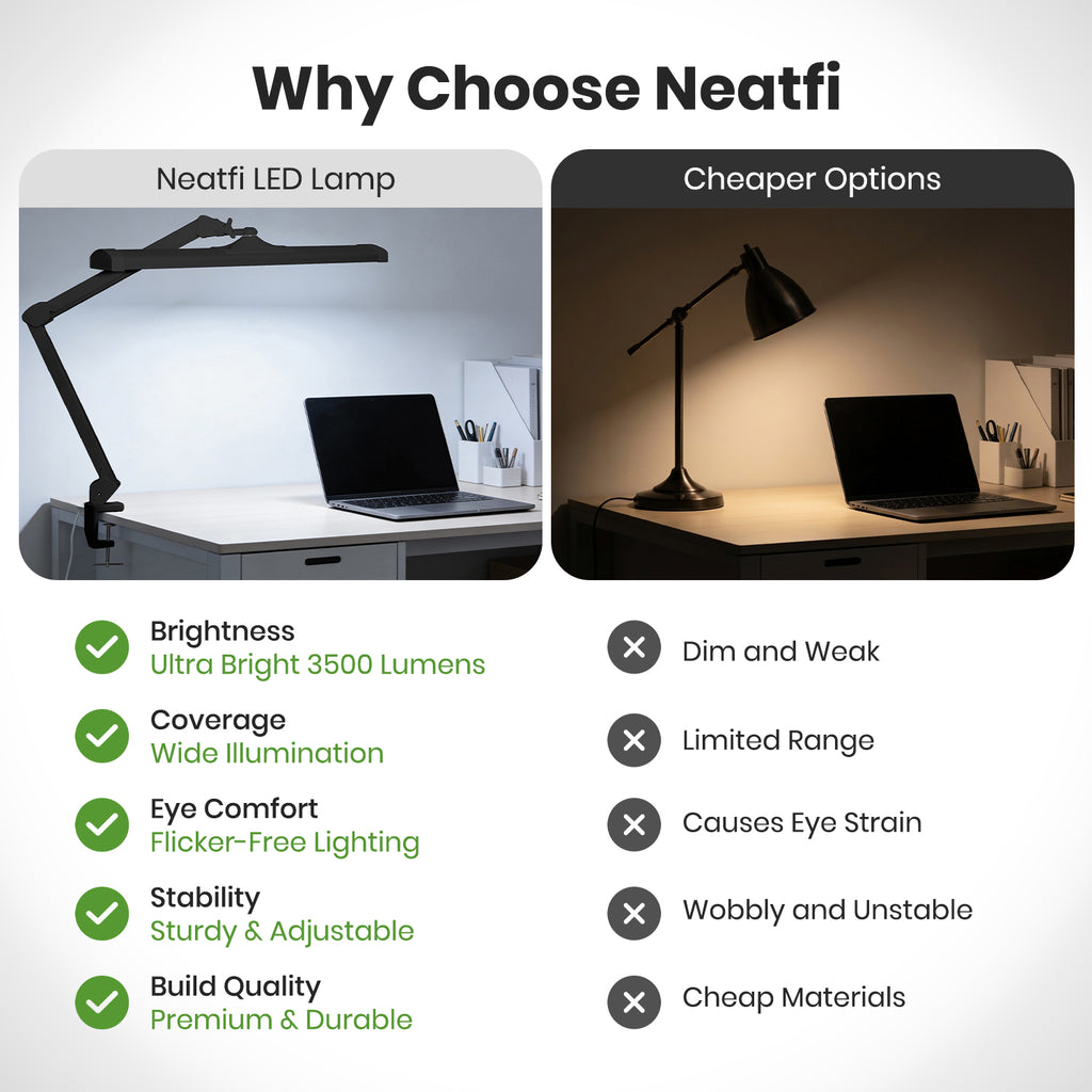 3500 Lumens LED Desk Lamp – 26” Ultra-Wide Shade, Non-Flickering Task Light with Clamp, Black