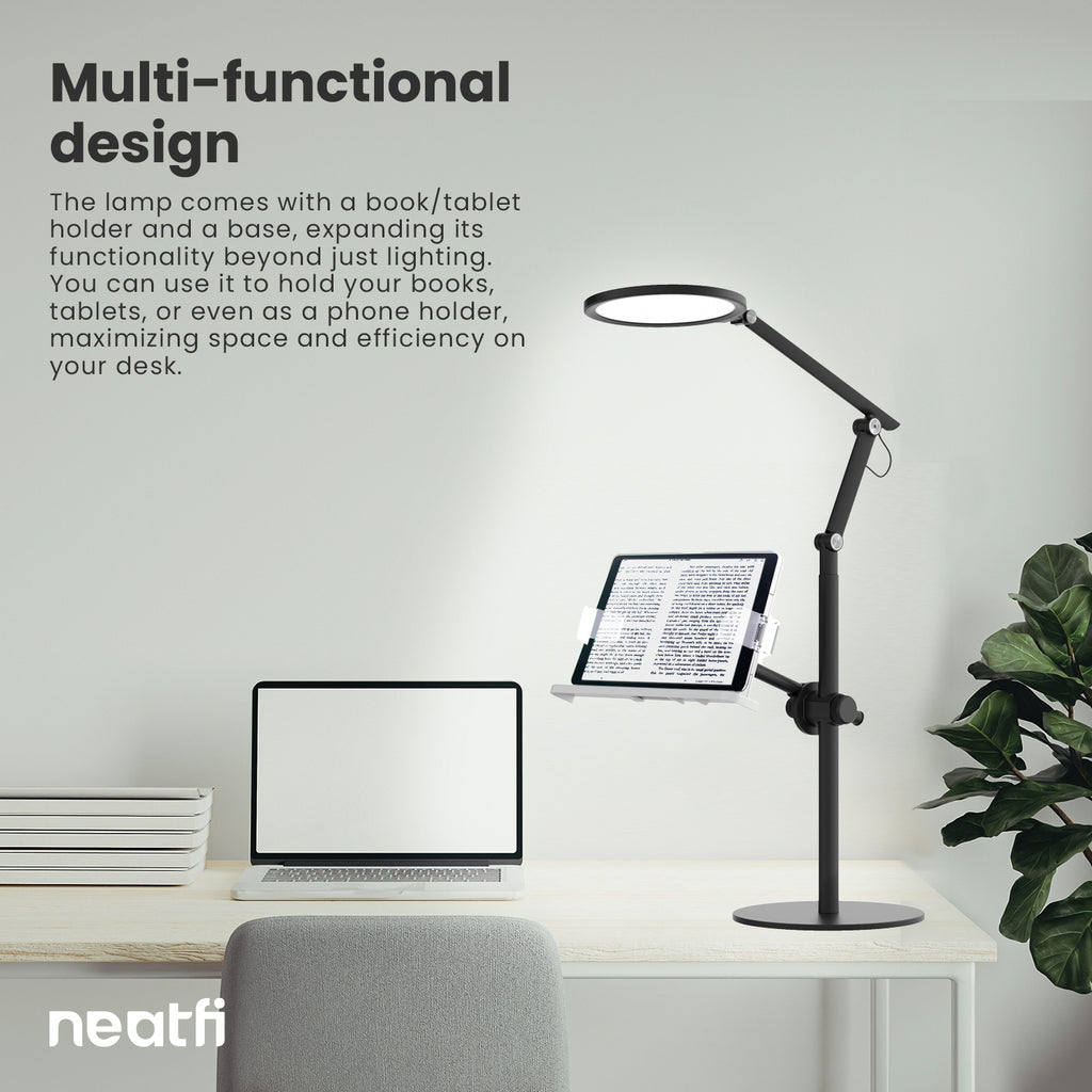 Modern Multi-functional LED Desk Lamp with Round Base & Book/Tablet Holder USB/Plug Type - Black