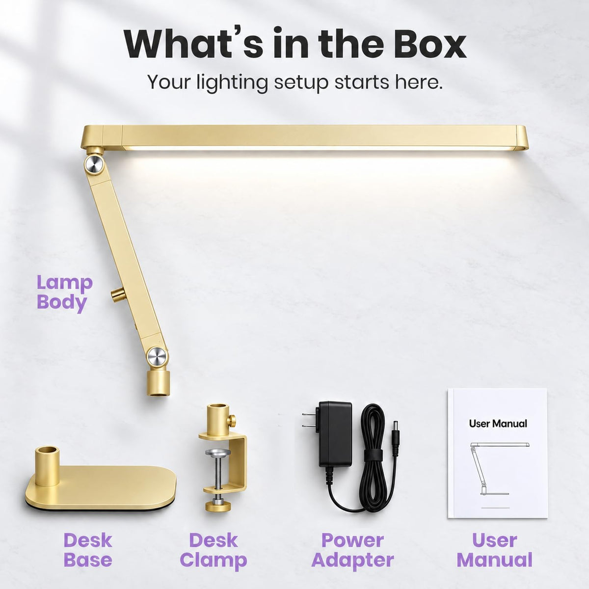 Professional LED Task Lamp, 20W, CRI 95, Stepless Dimming, Gold
