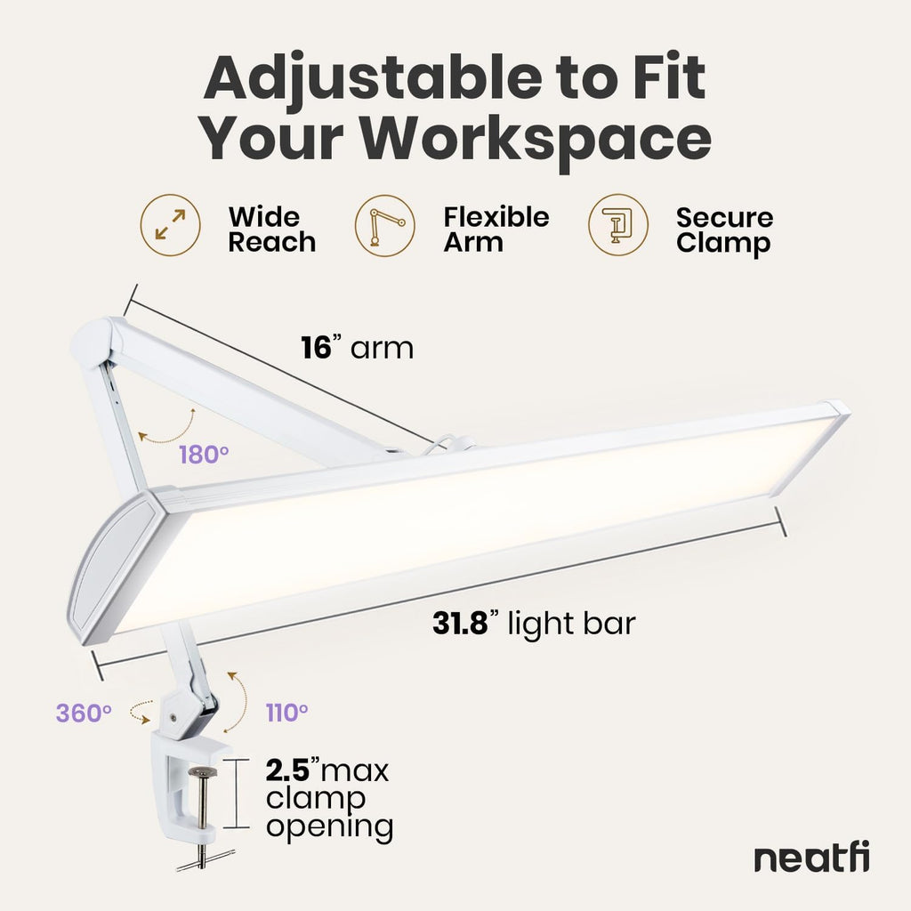 Lámpara LED de escritorio con pinza, cabezal ancho de 20 pulgadas, 2200 lúmenes, luz de trabajo para oficina en casa y manualidades, color negro