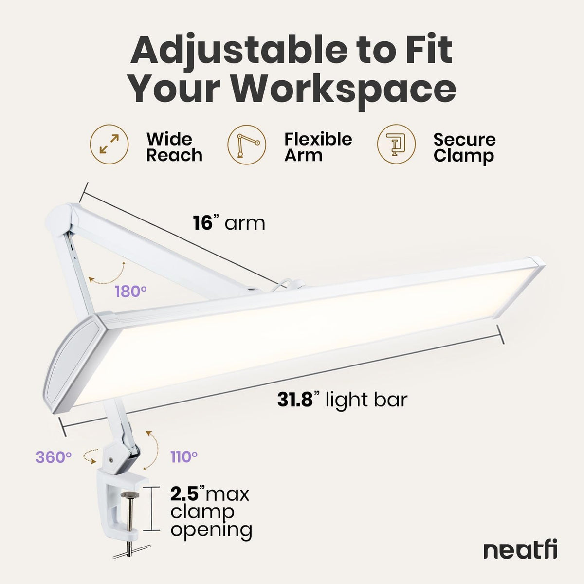 Lámpara LED de escritorio con pinza, cabezal ancho de 20 pulgadas, 2200 lúmenes, luz de trabajo para oficina en casa y manualidades, color negro