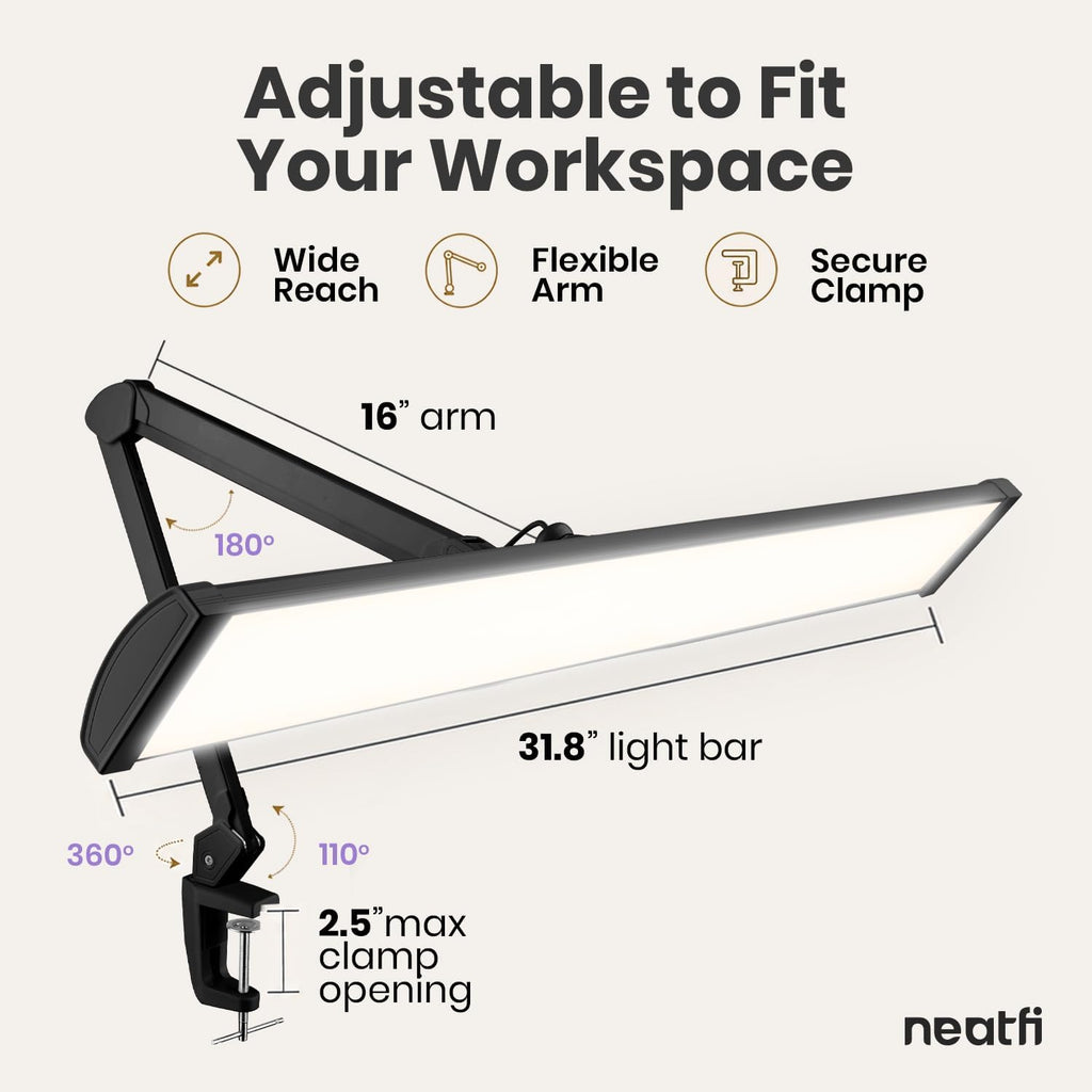 Lampe de bureau LED à tête large de 20 po avec pince – Lampe de travail de 2200 lumens pour bureau à domicile et travaux manuels, noire